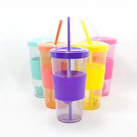 VASO ACRILICO INFANTIL CON GLITTER TAPA Y SORBETE 15CM