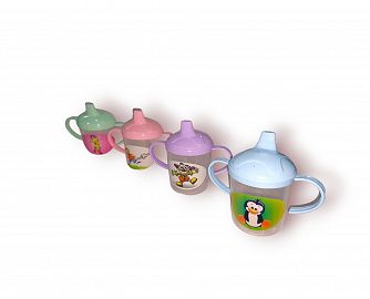 VASO PLASTICO INFANTIL CON MANIJA Y PICO CHUPITOESTAMPADO 11CM
